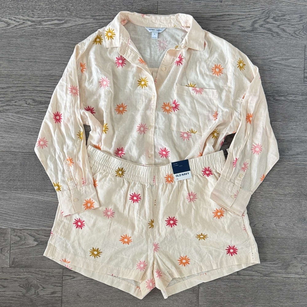 🌼OLD NAVY🌼 NWT Peachy Cream Floral Linen Shirt and Shorts Set, Size XL - Picture 3 of 13